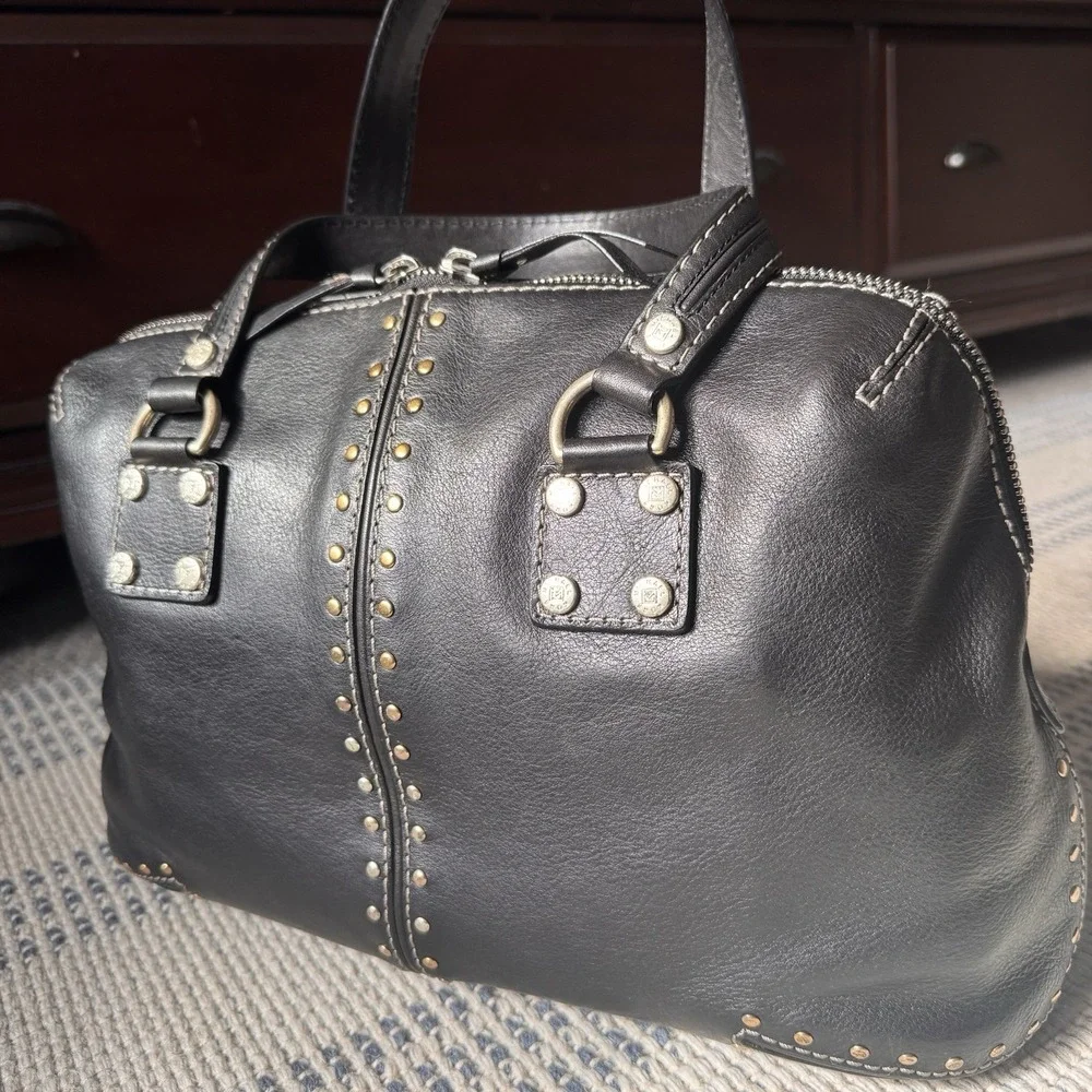 Michael Kors Astor Black Studded Leather Satchel ~ Top‑Handle Bag ~Silver Studs